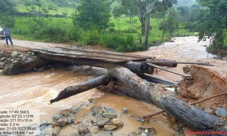 Chuvas intensas em Nova Brasilândia causam danos em pontes e bloqueiam algumas linhas vicinais