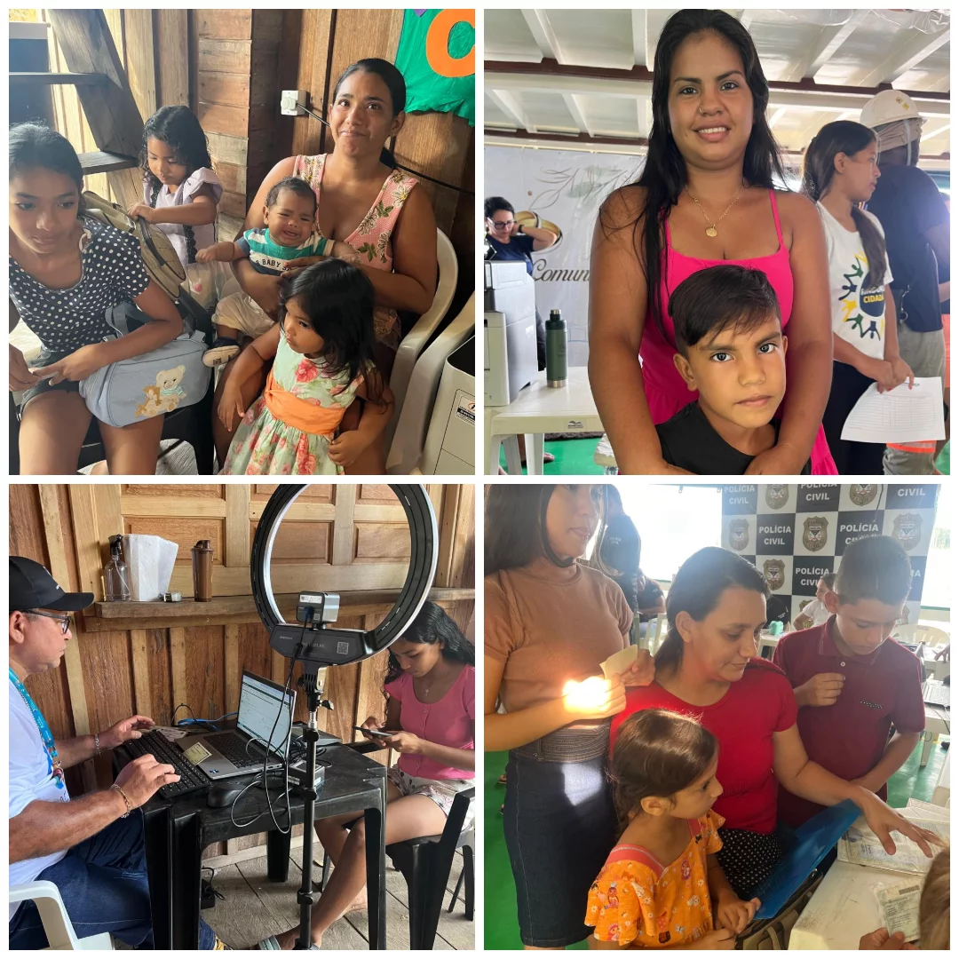 Colagem de quatro fotos mostrando atendimentos de mulheres com filhos pequenos