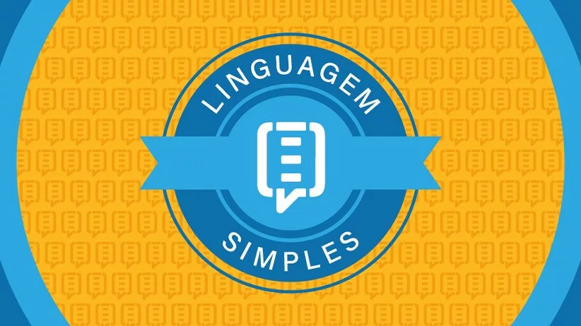 A imagem mostra a arte do selo, nas cortes amarela e azul, em formato circular, com as palavras linguagem simples ao centro.